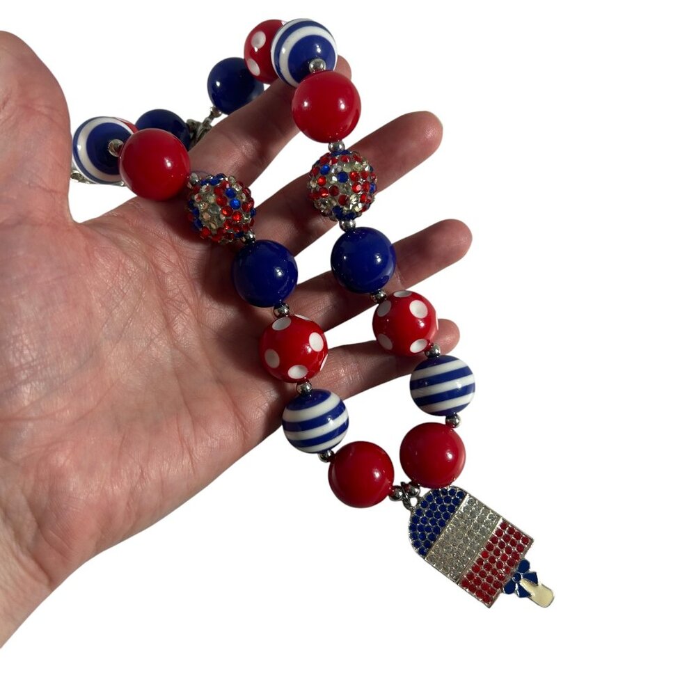 Patriotic Popsicle Beaded Rhinestones Necklace Fourth of July Chunky Colorful - Picture 6 of 7